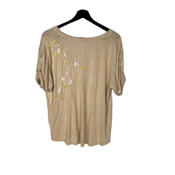 Free People Cream Embroidered Floral Hummingbird Short Sleeve Top Large - Picture 3 of 7